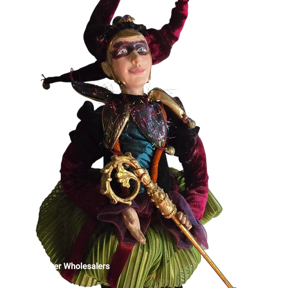 Vintage Jester Harlequin Doll 22" Standing Burgundy Velvet Green Gold Mardi Gras